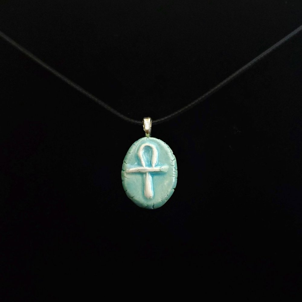 Handmade Ceramic Light Blue Ankh or Key of Life Pendant Necklace